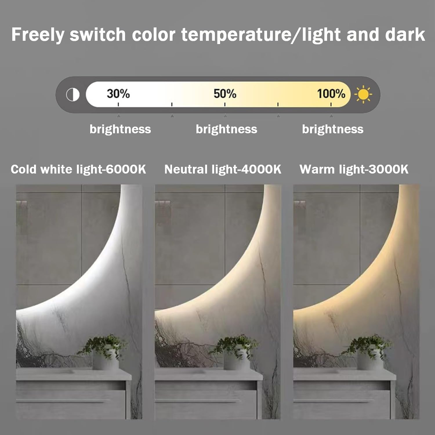 Specchio Espejo de baño inteligente antivaho con LED, espejo de tocador de media luna de 112 cm, montaje en pared, espejo de maquillaje con retroiluminación de 3 colores, diseño moderno para baño