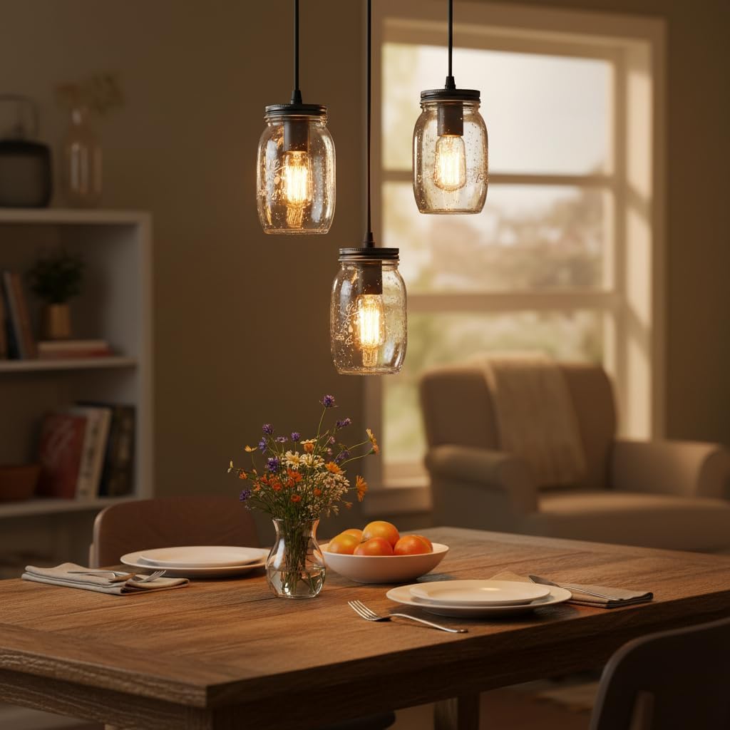Kitchen Island Light, Adjustable Pendant Lighting,Glass Mason Jar Hanging Lamp (3-Light)