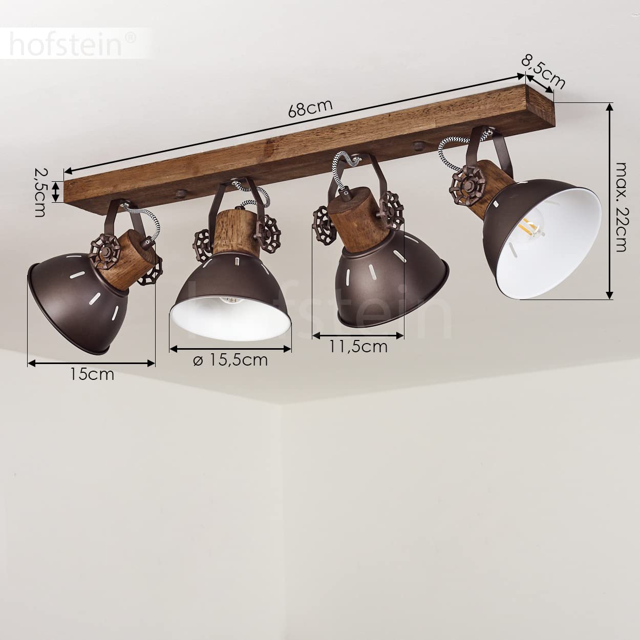 Deckenleuchte Zuoz – 4-armige Pendelleuchte In Nickel Matt & Holz, Vintage-Look, Schwenkbare Leuchtköpfe, 4x GU10 (ohne Leuchtmittel)