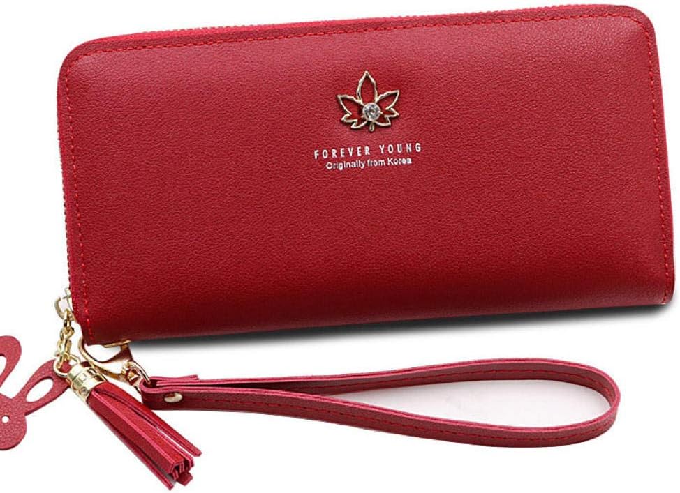 MrShuaiPu Leather Wallet for Women RFID-Blockinglong Fashion Zipper Lychee Leaf Phone Bag Red