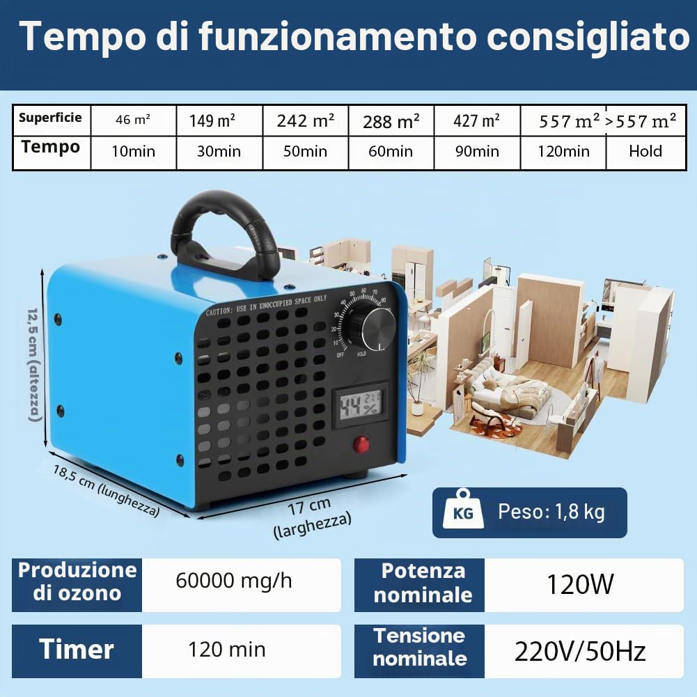 Vicloon Generatore di Ozono 60000mg/h, Purificatore d'Aria Deodorante per 600㎡, Purificatore d'Aria all'Ozono O3 con Timer da 120 min, Ozonizzatore per Casa Ambienti, Auto, Uffici, Hotel