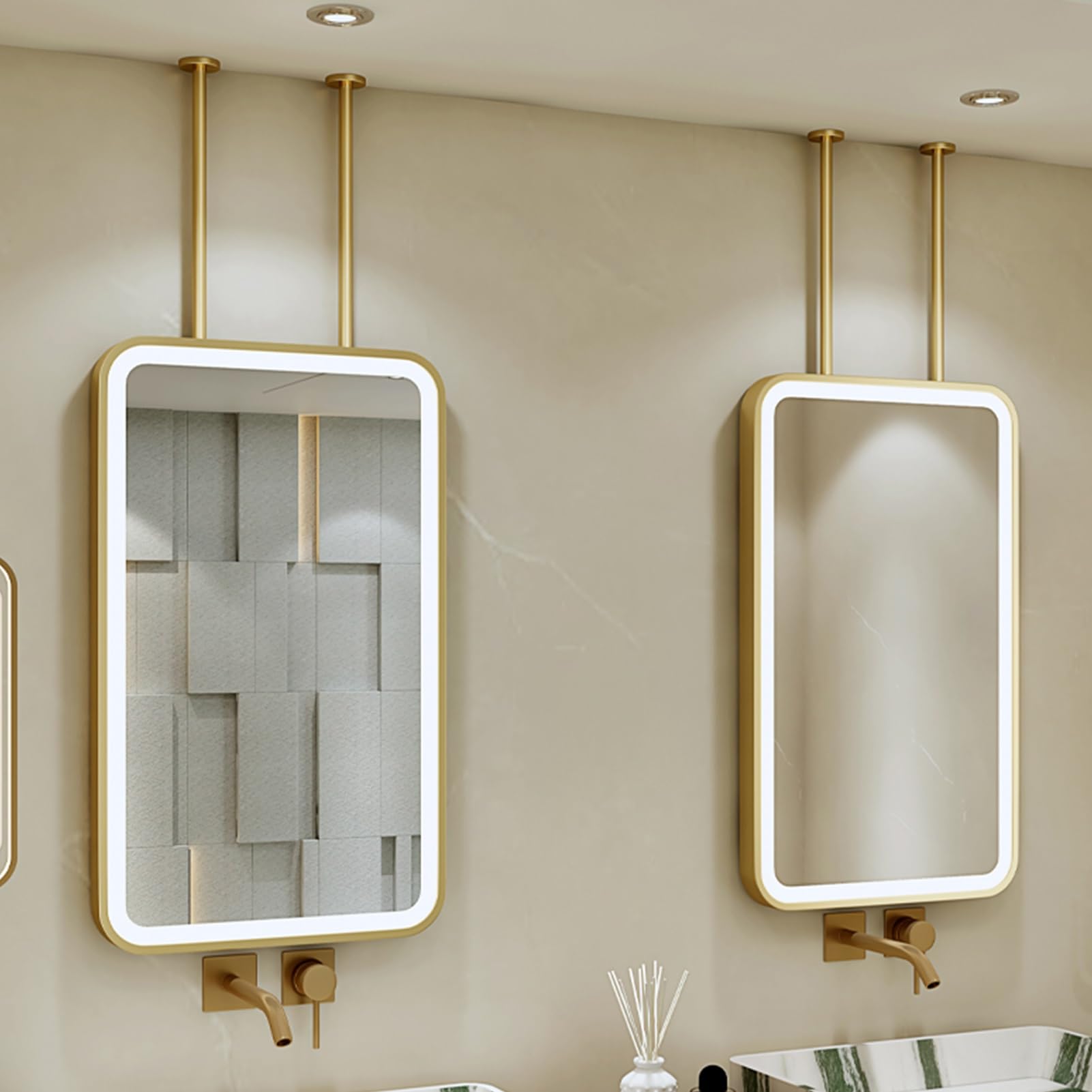 GLJTUO LED with Light, Ceiling-Mounted Mirrors Square Vanity Makeup for Home or Hotel, Nordic Gold Metal Frame Double Rods, Customizable HD Decor Mirror,size_name-60L x 50W cm