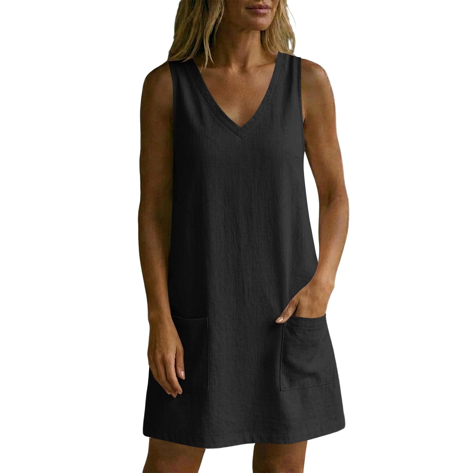 Vestido de verano ligero para mujer, largo hasta la rodilla, vestido de verano midi para la playa, vestido suelto sin mangas, ligero y aireado, vestido con bolsillos, línea A, mini vestido suelto