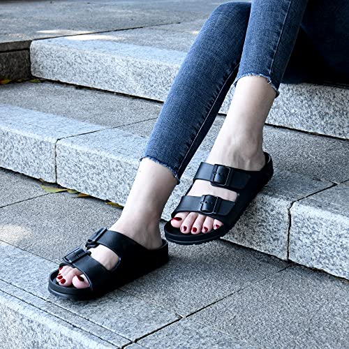 Dl Women's Slides-Sandals Double Buckle Slip On-Summer-Slippers Adjustable Eva-Sandals Black Waterproof Swim Pool Bath Shower Shoes For Women Comfortable Non Slip #TOP6