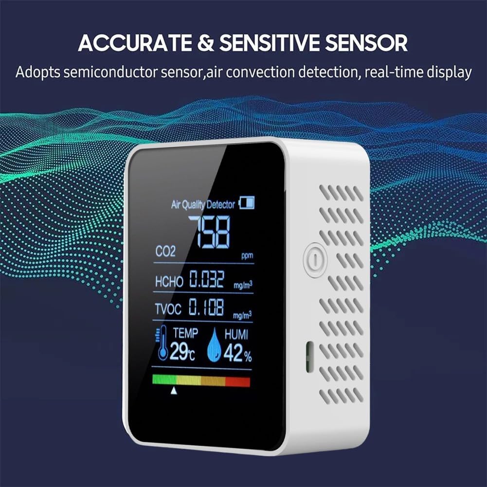 Détecteur de dioxyde de carbone 5 en 1, compteur de qualité de l'air, kit de test d'air, température et humidité, moniteur de dioxyde de carbone HCHO TVOC pour la maison et l'intérieur