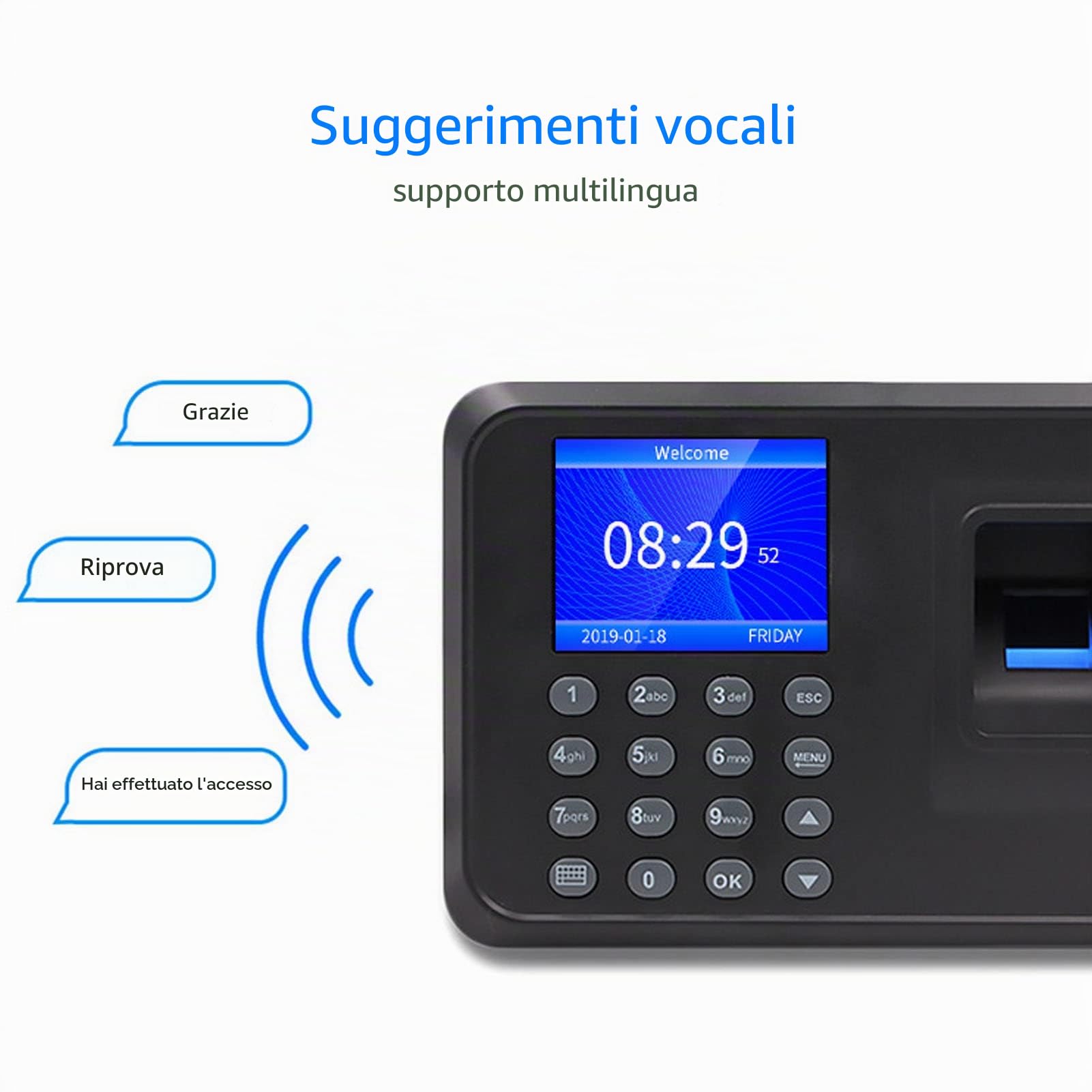 Macchina Biometrica per la Rilevazione delle Presenze dei Dipendenti, Orologio con Impronte Digitali con Schermo LCD da 2,4 Pollici 1000 Utenti, Macchina Biometrica per la (Spina
