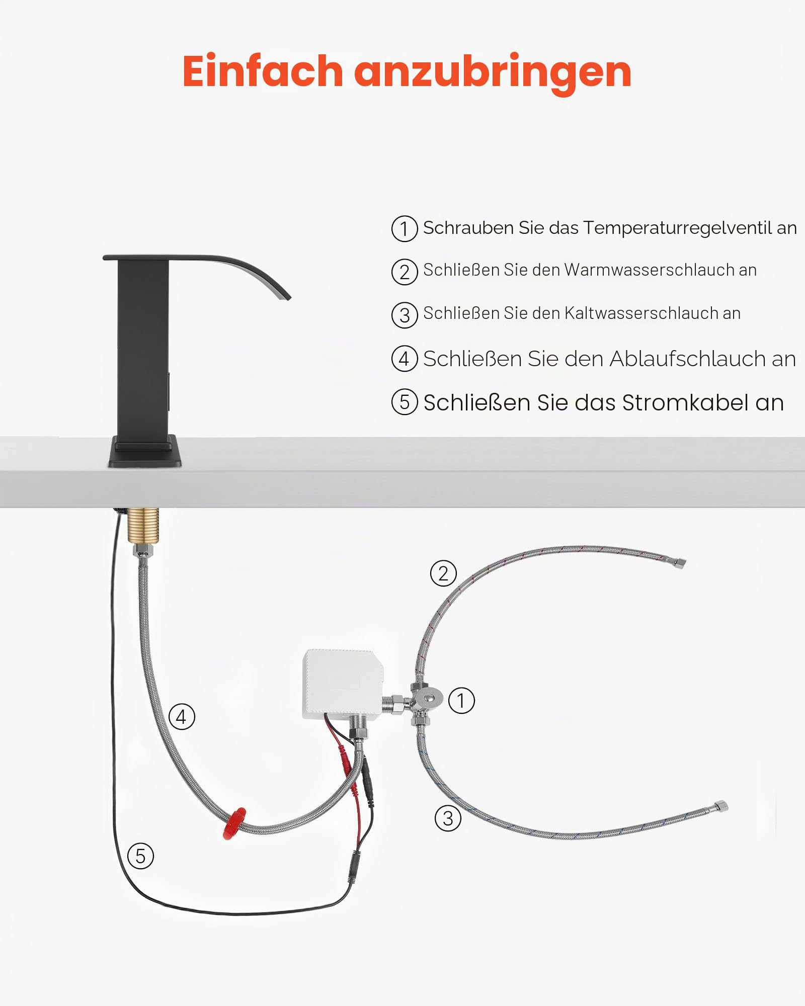 VEVOR berührungsloser Waschtischhahn (Mattschwarz) Badezimmer, automatische Waschtischarmatur mit Lochabdeckung, batteriebetriebener Wasserhahn gewerblicher Toilettenhahn, Sensorhahn mit Wasserfall