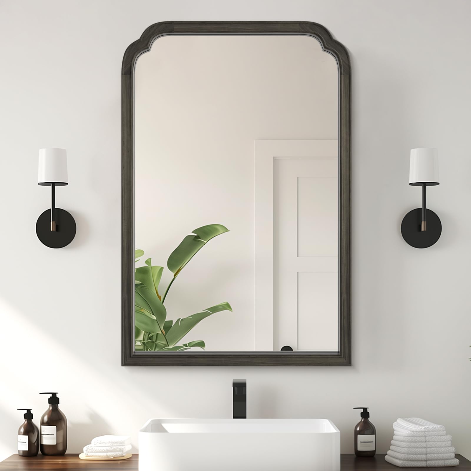 WallBeyond Wooden Framed Wall Mirror, Natural Wood Bathroom Vanity Mirror for Entryway, Living Room or Bedroom Home Decor Vertical or Horizontal Hanging [24" x 36" Black]