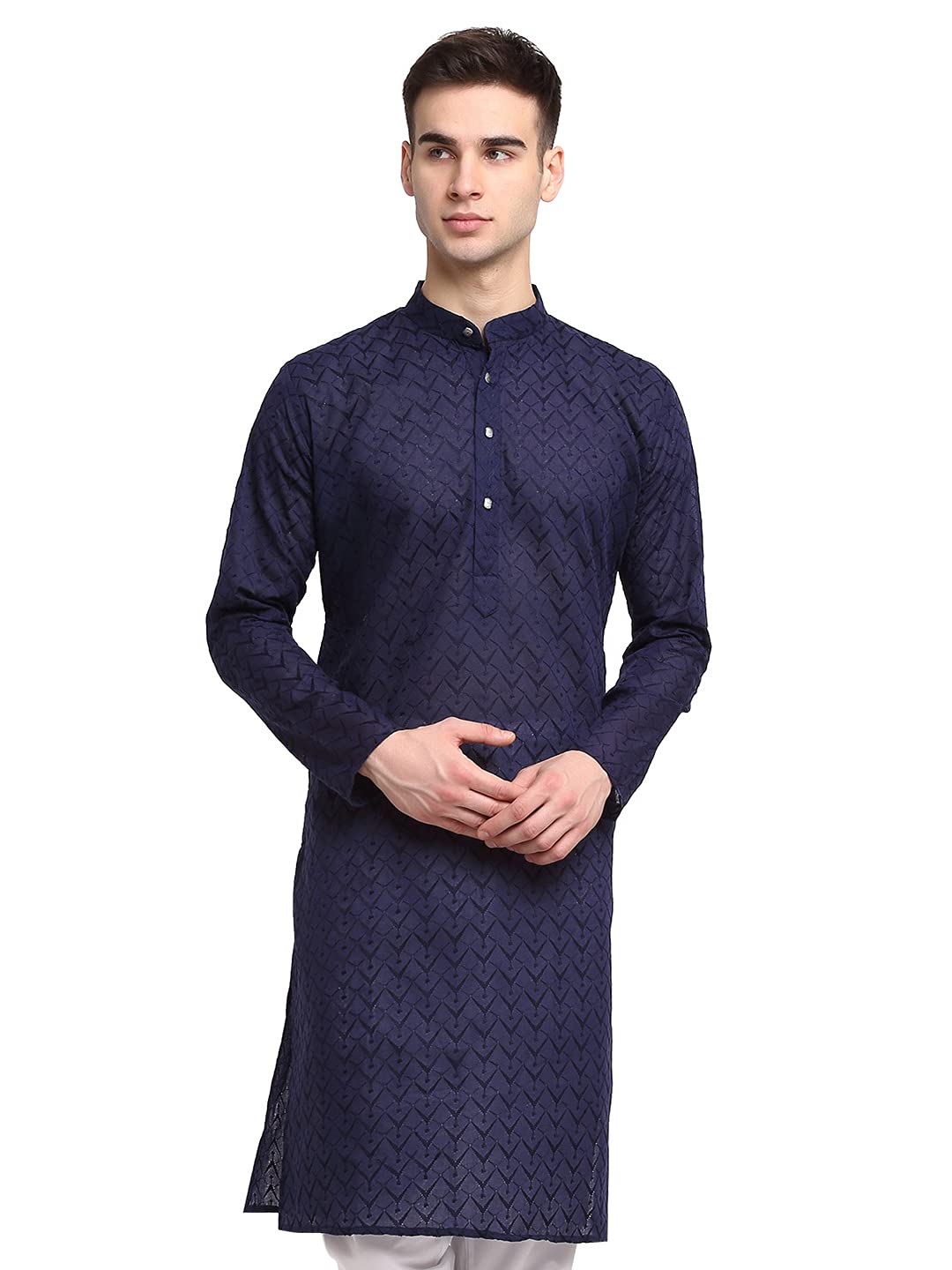 Jompers Men Navy Blue & White Self Design Kurta (Navy, M)