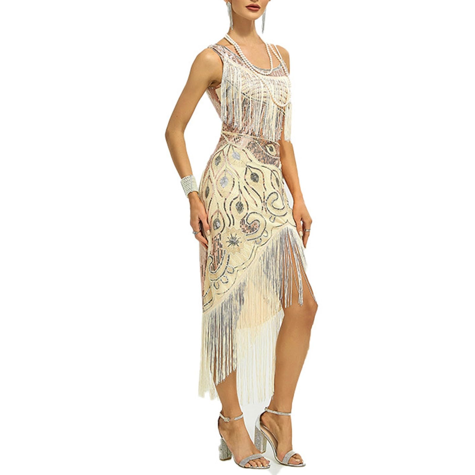 Generisch Abito da donna anni '20, stile retrò, con due strati di nappe, Charleston, abito da sera con paillettes, scollo a V, abito a tema per feste a tema, abito da ballo