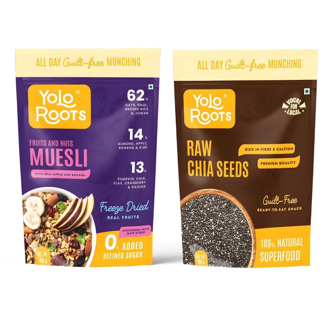 Yolo Roots Fruits & Nuts Muesli 400g & Raw Chia Seeds 200g Combo, No Added Sugar, High Fiber Breakfast Cereal & Omega 3 Rich Superfood Seeds, Healthy Snack with Oats (Pack of 2)