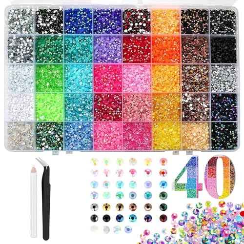 40 Farben Glitzersteine Bedazzler Kit Strasssteine Bedazzling Kit Rhinestones Nagelschmuck-Steine zum Verzieren mit Pinzette und Stift