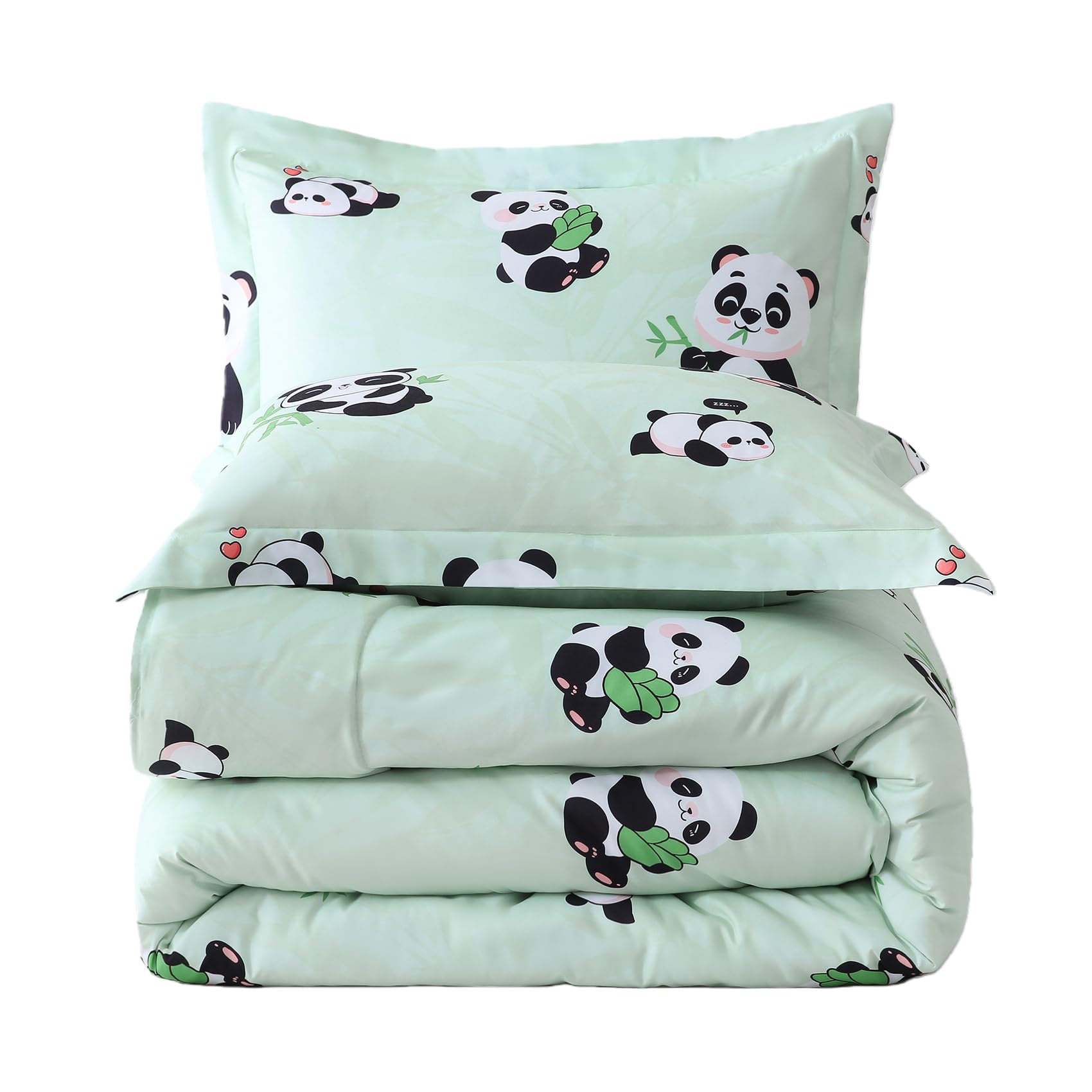 Yibeizi Kids Cute Panda Comforter Full Size Sage Green Bedding Set