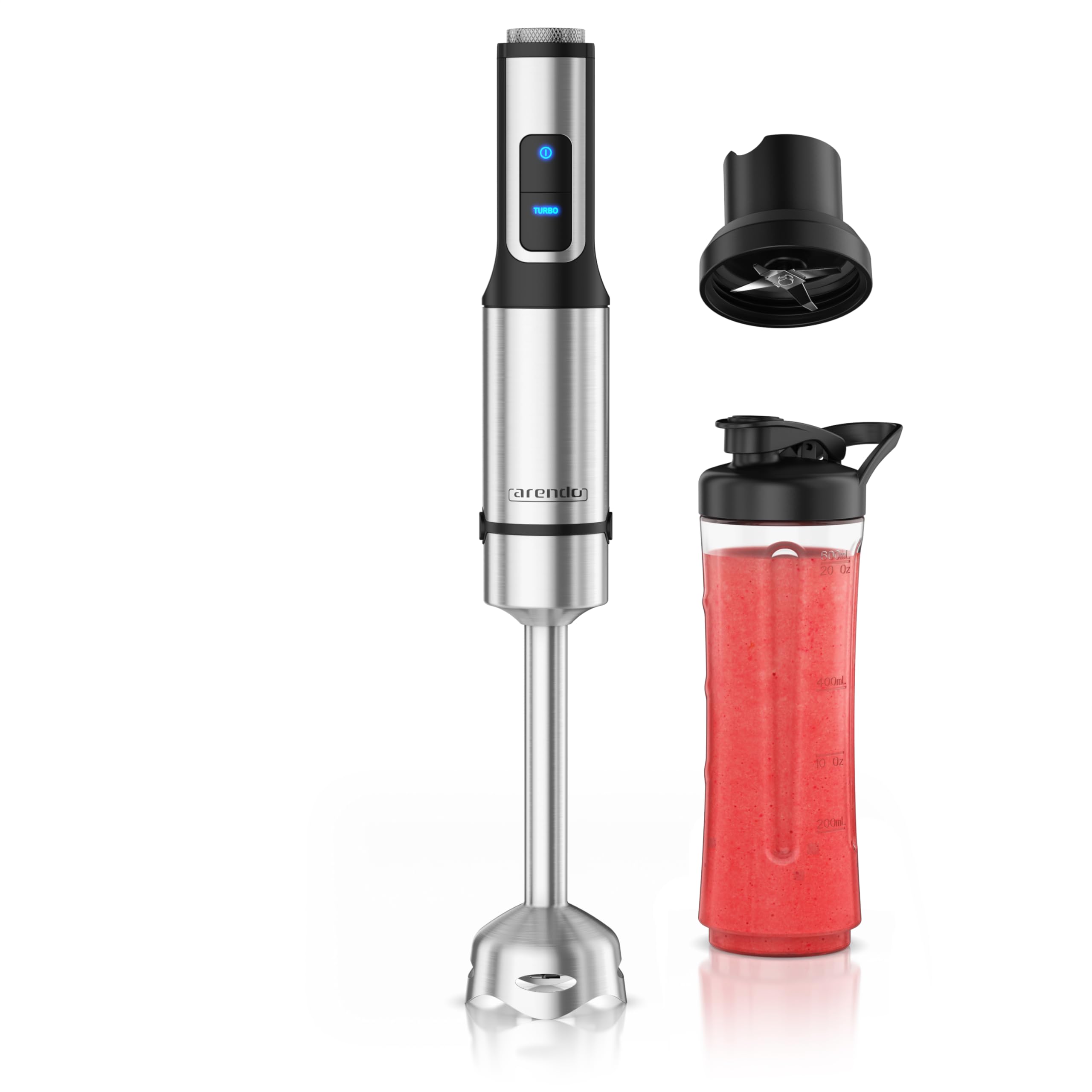 Arendo - Edelstahl Stabmixer 1500 Watt – Standmixer mit Trinkflasche Deckel und Messereinheit - Handmixer - Pürierstab - 12 Geschwindigkeitsstufen - Turbotaste – Smoothie Maker