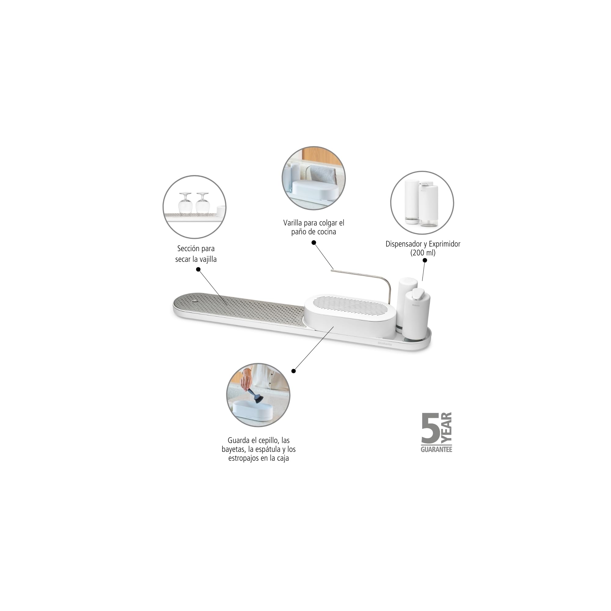 Brabantia - Conjunto SinkStyle con organizador fregadero, bandeja de secado, dispensador de jabón y placa de acero inoxidable extraíble - Mineral Fresh White
