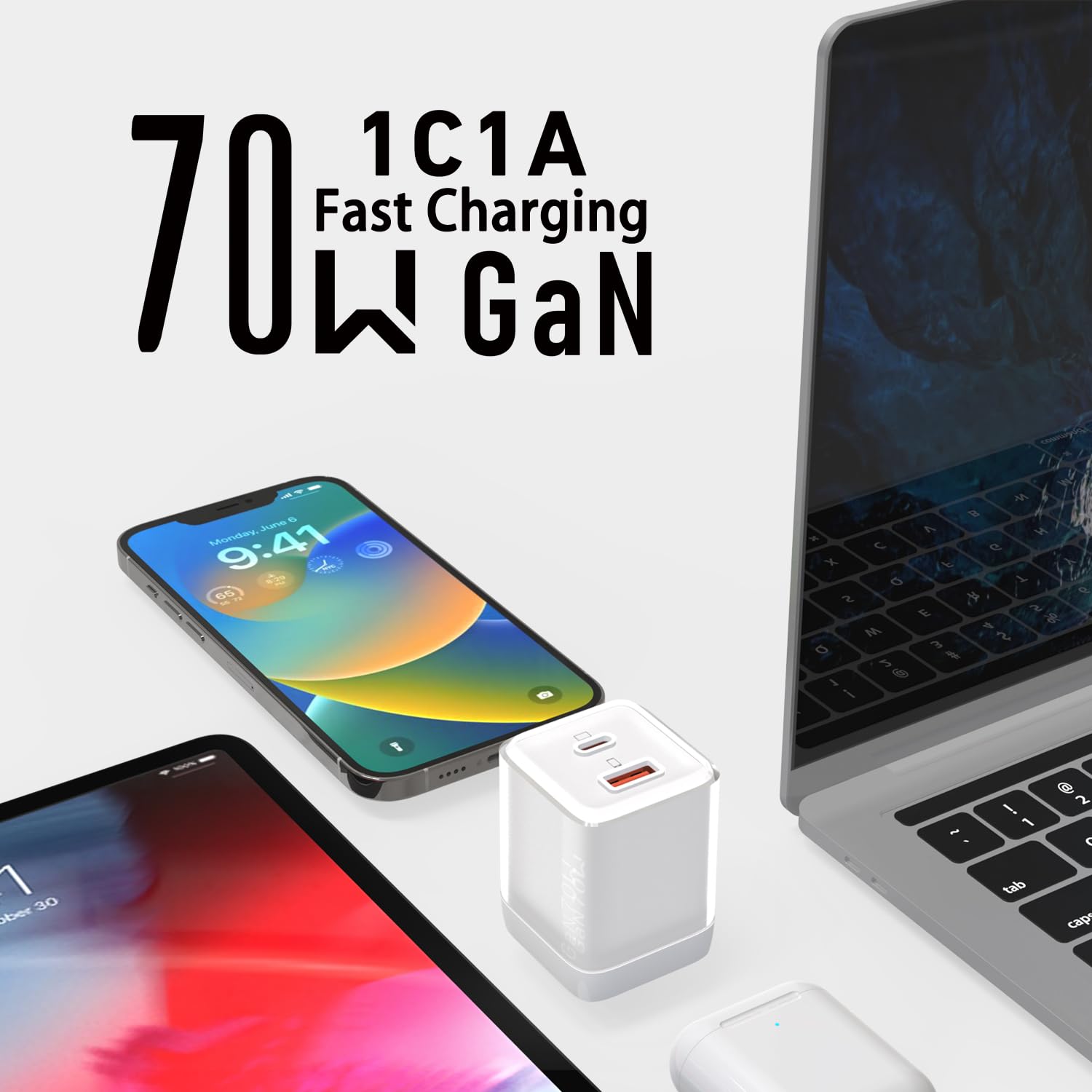 USB C Charger 70W, GaN 2 Port Compact Fast Wall Charger for MacBook Pro/Air, iPad Pro, Galaxy S23, Dell XPS 13, Note 20/10+, iPhone 15/Pro, Steam Deck, and More, White