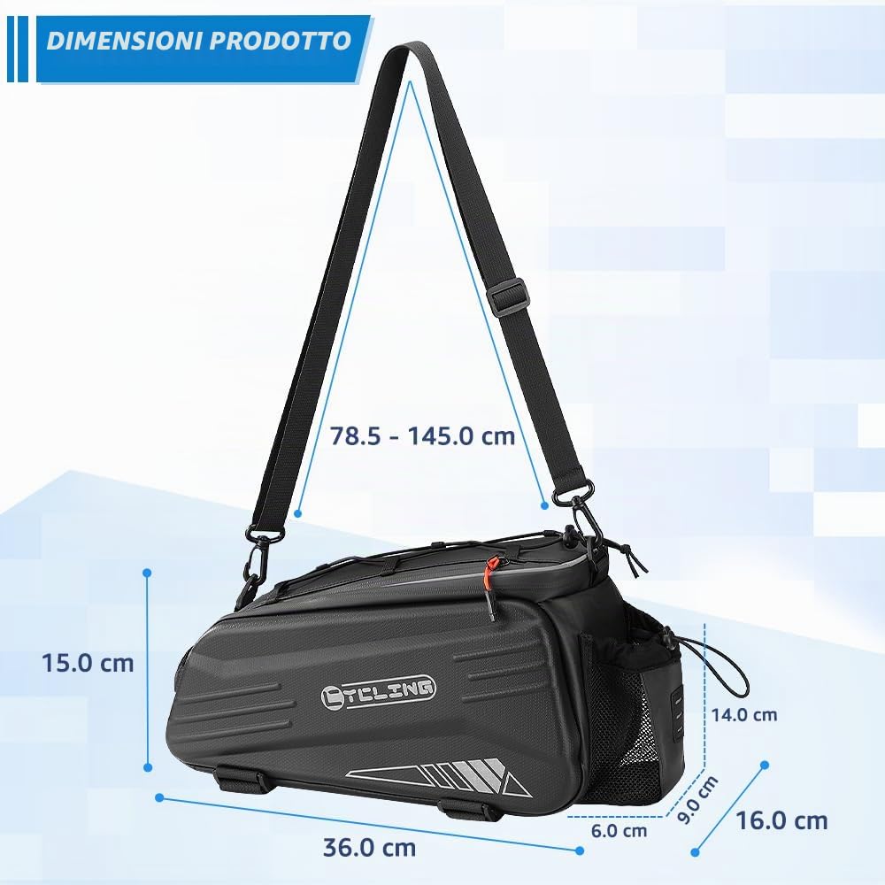 WOTOW Borsa portabici per bicicletta, borsa portapacchi posteriore per bici rigida da 8,6 litri con strisce riflettenti, maniglia e tracolla, borsa portabici resistente all'acqua per viaggi