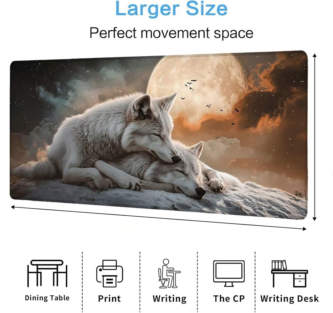 Alfombrilla Ratón XXL 600x1200x3 mm Mouse Pad Grande Gaming Lobo Alfombrilla Escritorio,con Base de Goma Tapete Escritorio con Bordes Cosidos, Impermeable Antideslizante Ordenador Desk Mat zj-757