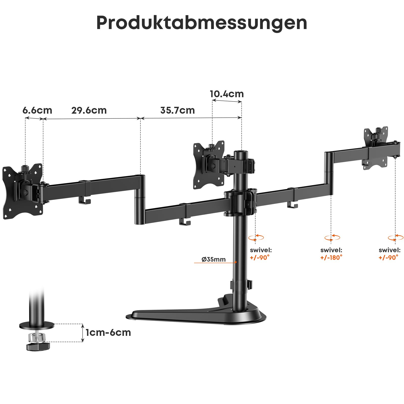 Putorsen Monitorhalterung für 3 Monitore bis 27 Zoll - Schwere, voll verstellbare Tischhalterung mit Standfuß & Kabelmanagement, 10 kg pro Arm, Schwarz