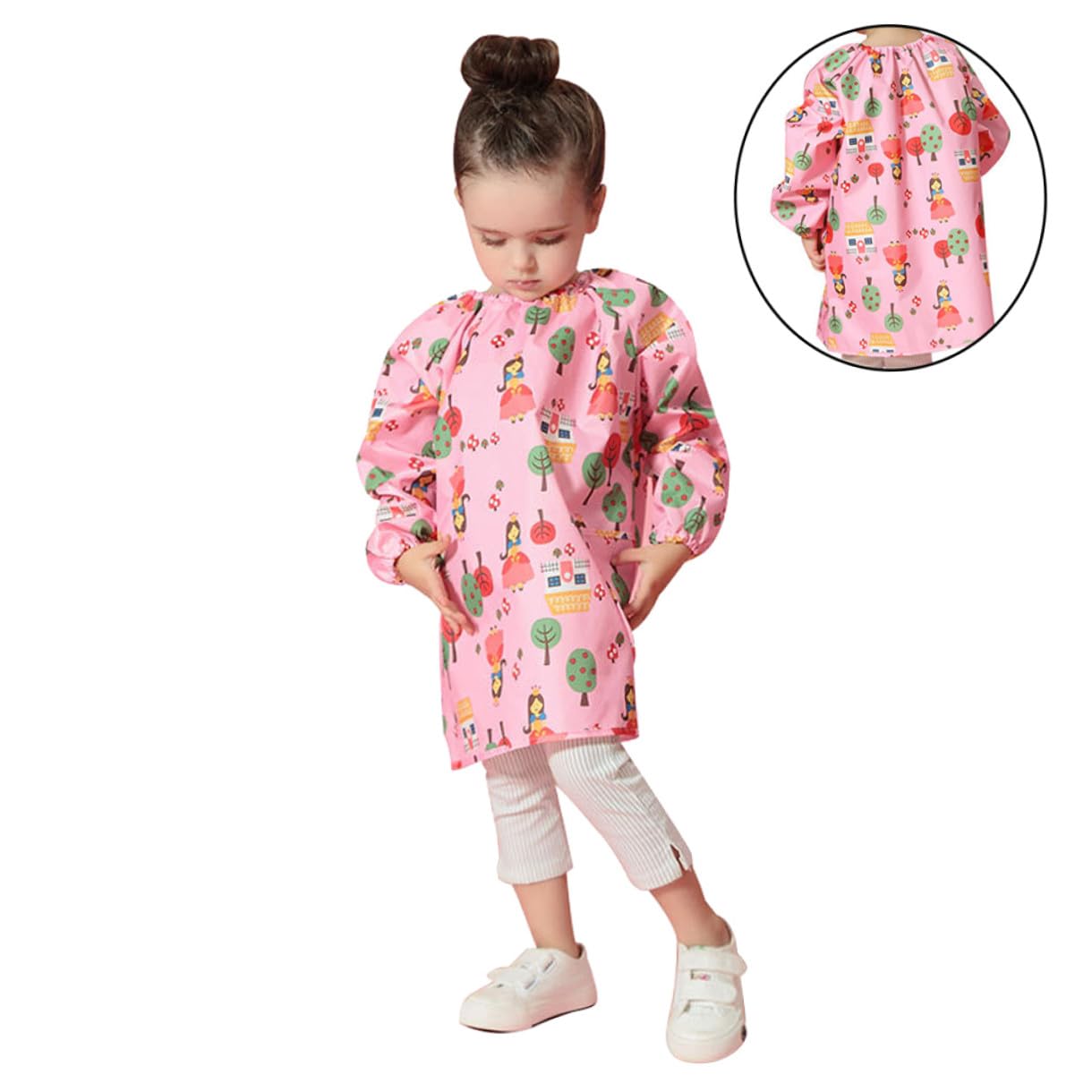ERINGOGO Grembiule per Bambini in Poliestere Rosa Maniche Lunghe, Facile da Pulire e Riutilizzabile, per Pittura e Attività Artistiche, Taglia S