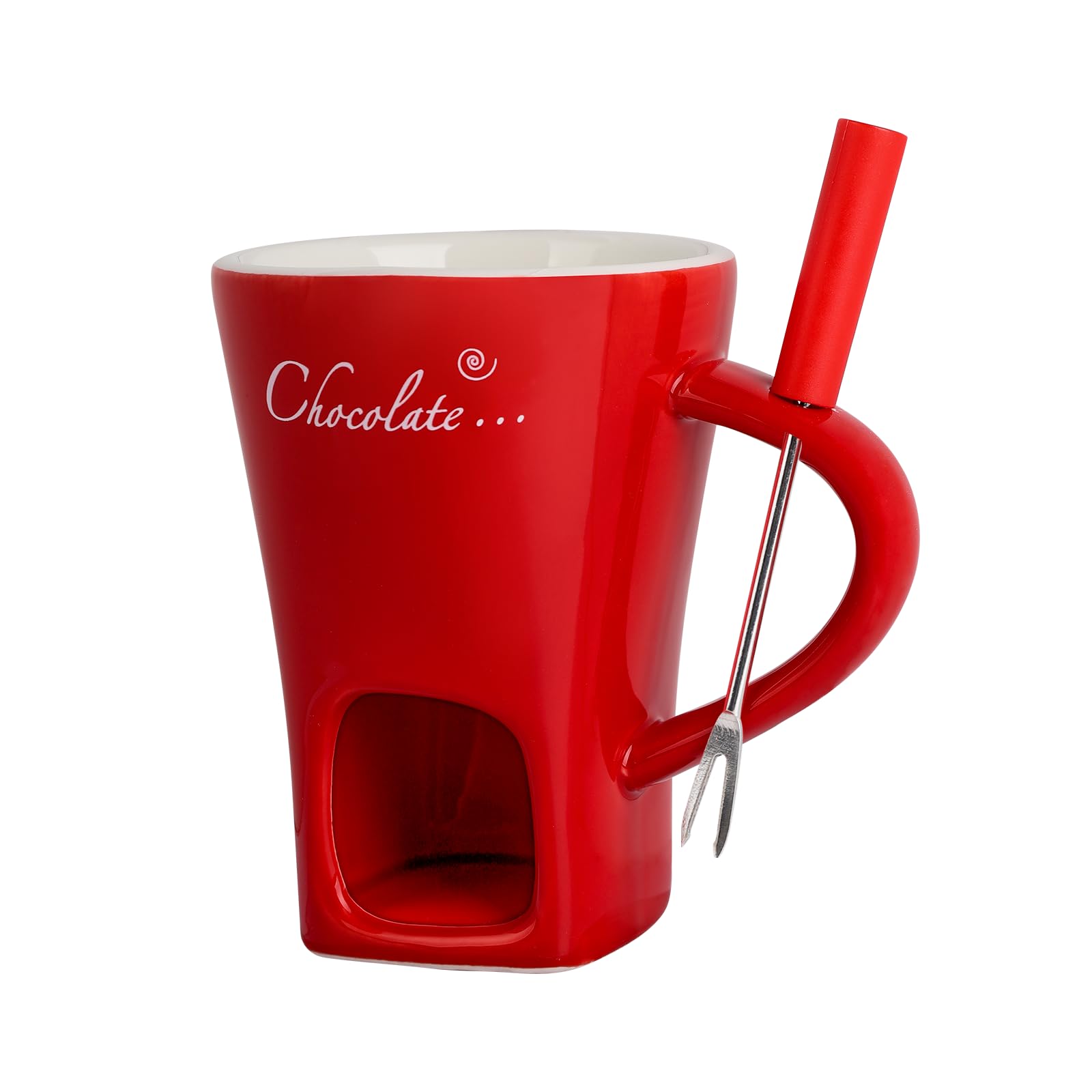 Ceramic Butter Chocolate Fondue Mug - Melting Chocolate Pot with Fork, Cheese Warmer Cup, Light Candle Fondue Melter Set for Melting Hot Chocolate (Red)