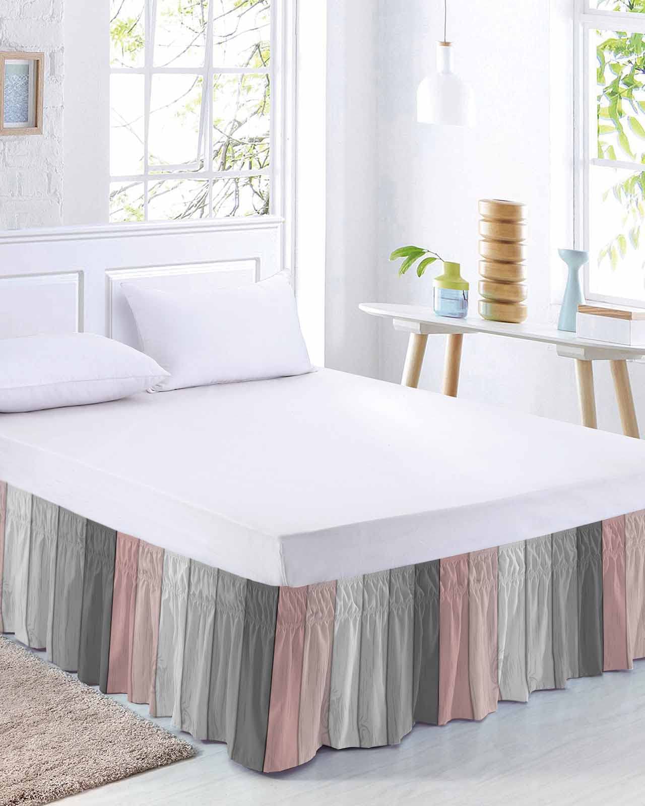 Rustic Farm Wood Grain Bed Skirt Queen Size 18 Inch Drop, Adjustable & Elastic Wrap Around Bed Skirts Pleated Luxury Dust Ruffles for Twin Full Queen Cal King Base Bed, Pink Grey White Ombre Color