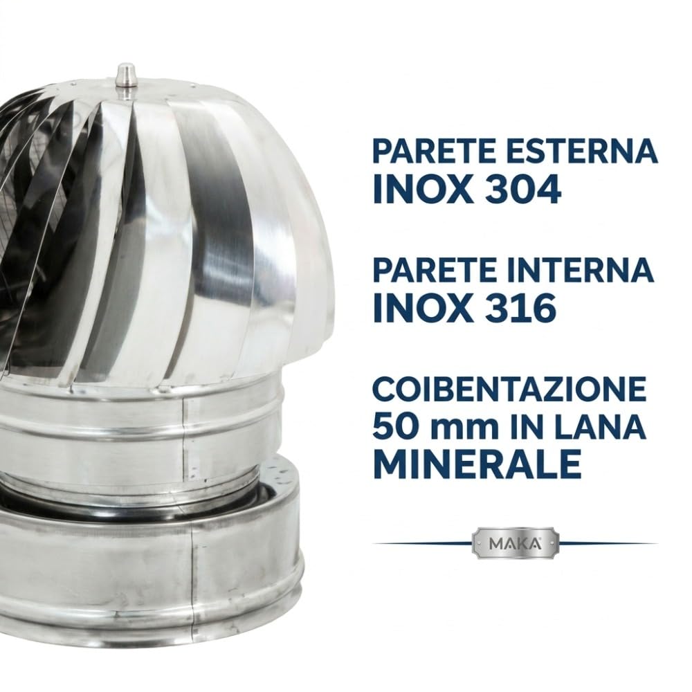 Maka Terminale Eolico Canna Fumaria Doppia Parete 50 Inox Ø 80 mm