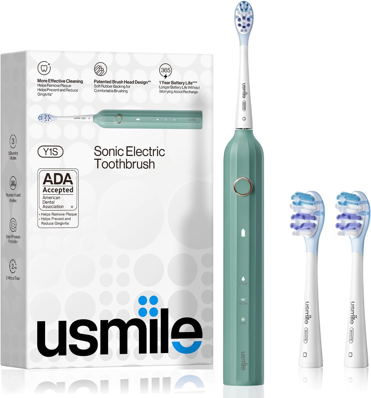usmile [ADA Accepted Electric Toothbrush, Type-C Rechargeable Sonic Toothbrush for Adults with 2 Brush Heads, 1 Charge Lasts for 180 Day, Whitening Powered Toothbrush with Smart Timer, Y1S Green