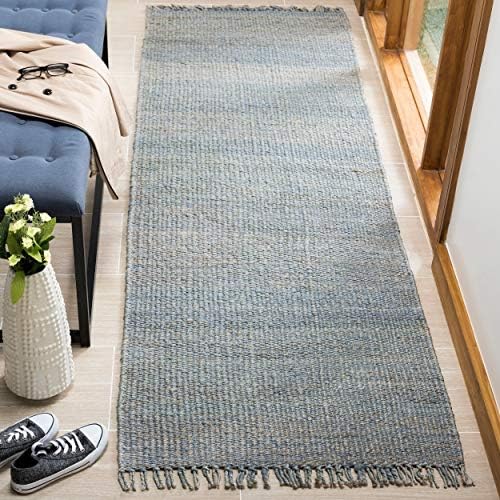 SAFAVIEH Natural Fiber Collection Runner Rug - 2'6" x 8', Blue, Handmade Boho Fringe Woven Jute, Ideal for High Traffic Areas in Living Room, Bedroom (NF368E)