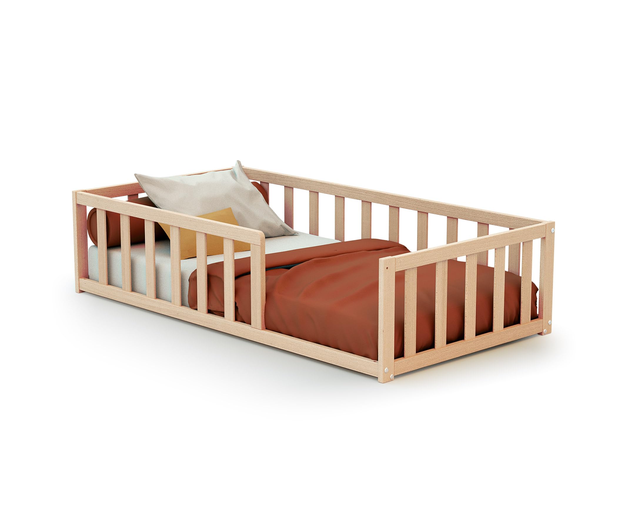WEBABY - Lit Enfant au Sol Bois 70 x 140 cm KAÏA | avec barrières Anti-​Chutes | Lit Junior | Sommier à Lattes Inclus | Autonomie | Sécurité (Beige, Lit de bébé)