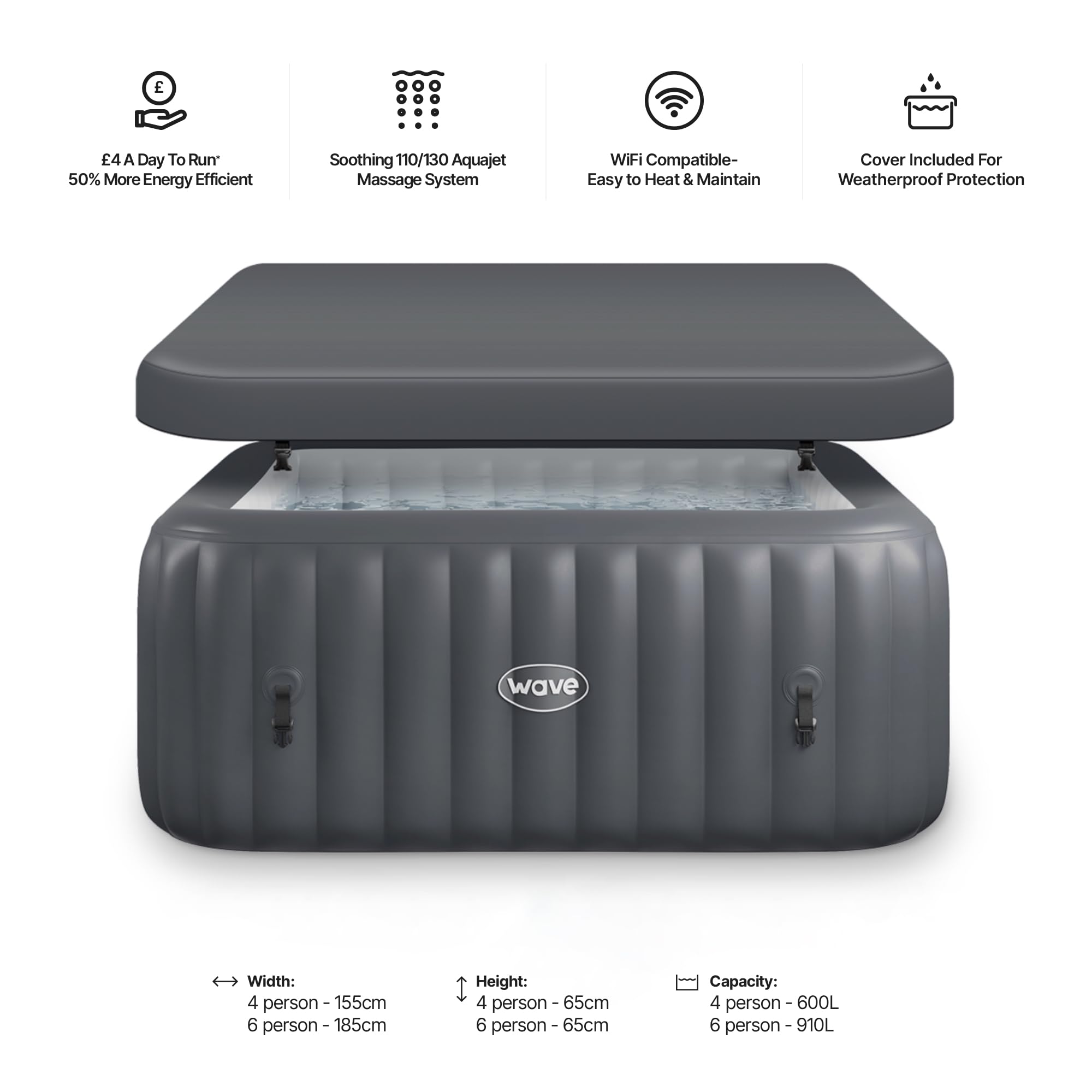 SPA Inflable Wave | Calentador ecológico Integrado | Sistema de Masaje Aquajet | Protección anticongelante | Configuración rápida de 15 Minutos (Pacific, 4 Personas | Gris Oscuro)