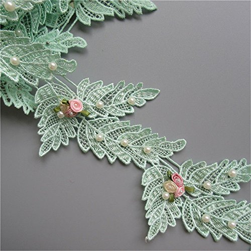 1 Meter Leaf Shape Flower Pearl Lace Edge Ribbon 7cm Width Green Trimmings Vintage Style Fabric Embroidered Applique Sewing Craft Wedding Bridal Dress Embellishment Party Decoration Clothes Embroidery