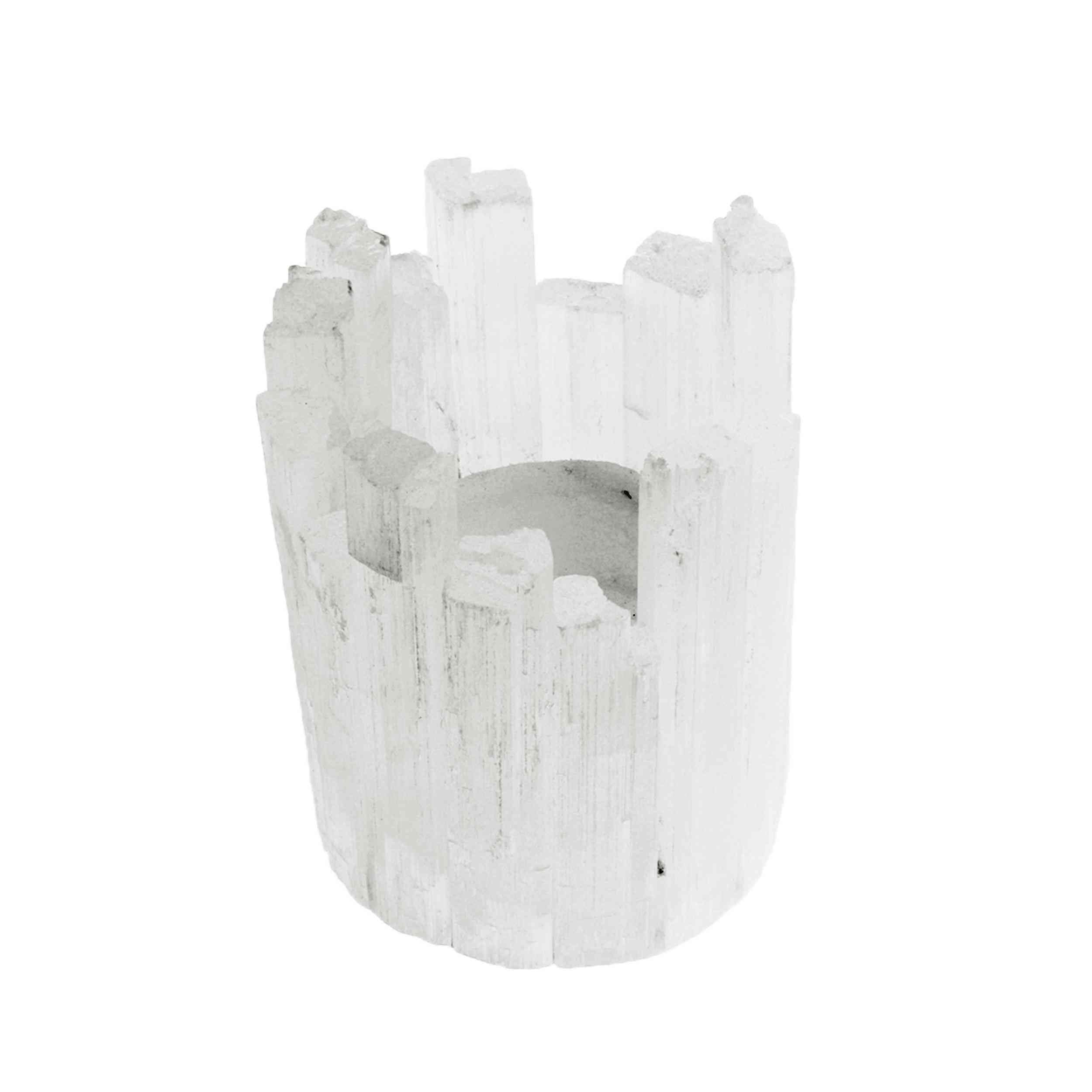 NKlaus 4 x świecznik na podgrzewacze Selenit 11 x 8 cm – świecznik z naturalnego kamienia kryształowego w kolorze białym do duchowego uzdrawiania, medytacji i harmonijnego kształtowania przestrzeni
