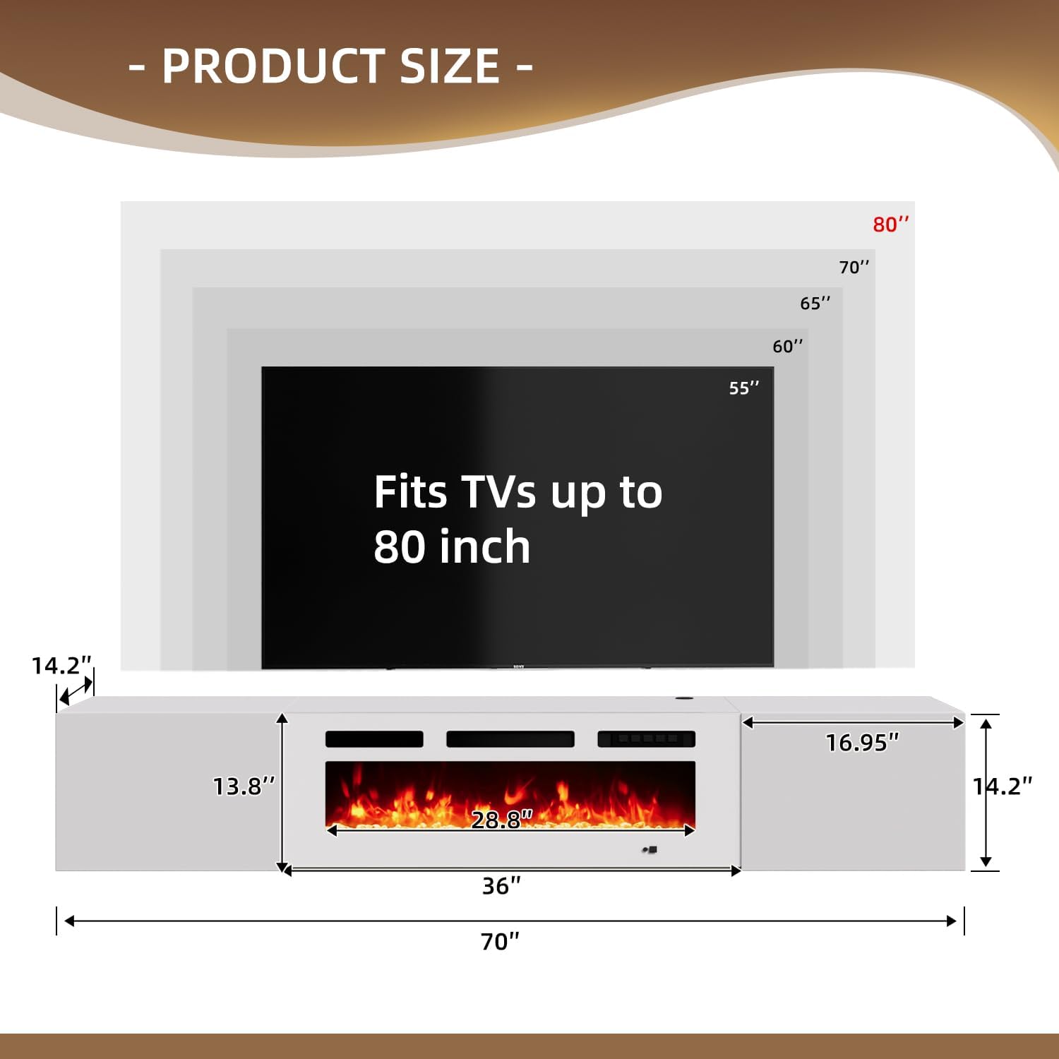 Sonegra 70" Floating TV Stand with 36" Electric Fireplace, Wall-Mounted Entertainment Center with Storage, All-White TV Console with Fireplace, Floating TV Shelf/TV Cabinet