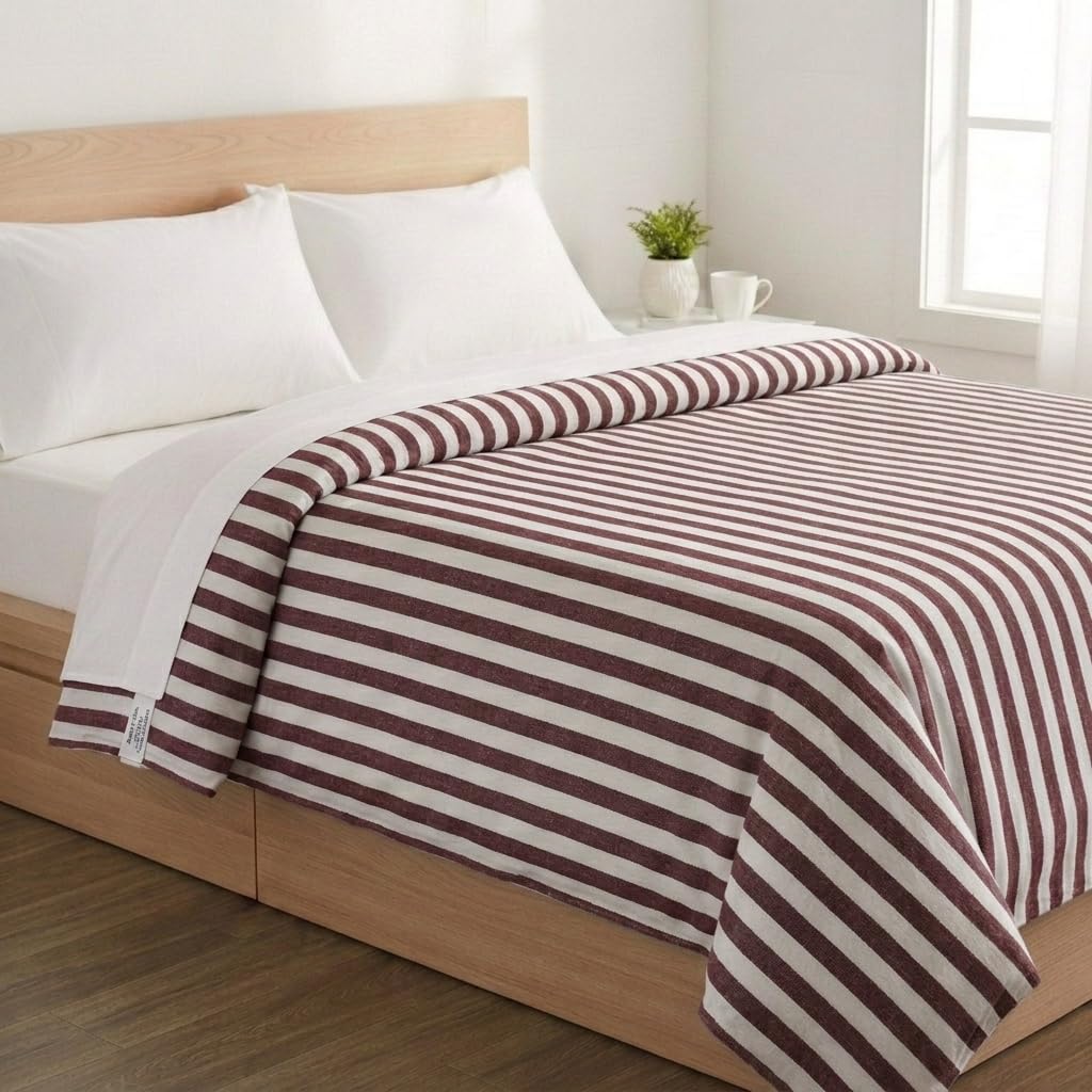 THARUNSHA ELITE Single Size Light Weight Pure Cotton Blanket for Daily Use/Soft Blanket/Bedsheet/Top Sheet/Throw Blanket/Fancy Design (Brown Stripes 60x90 inches) Set of 1-image-15