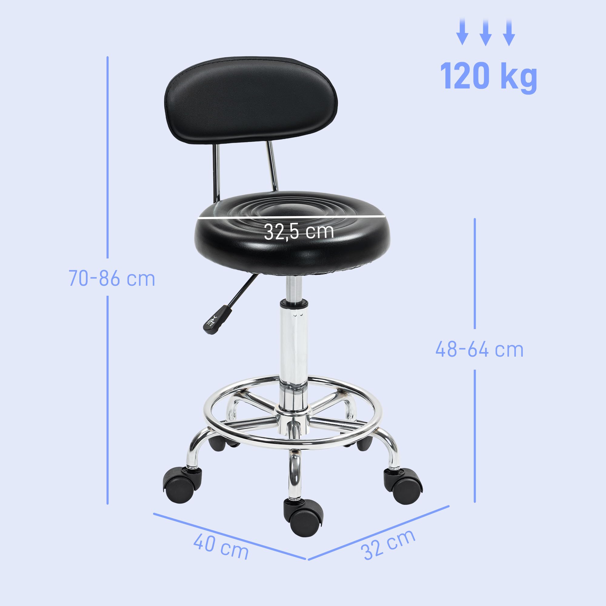 HOMCOM Taburete Giratorio con Ruedas y Respaldo Taburete de Trabajo con Altura Regulable 70-86 cm Asiento Tapizado de Cuero Sintético Negro