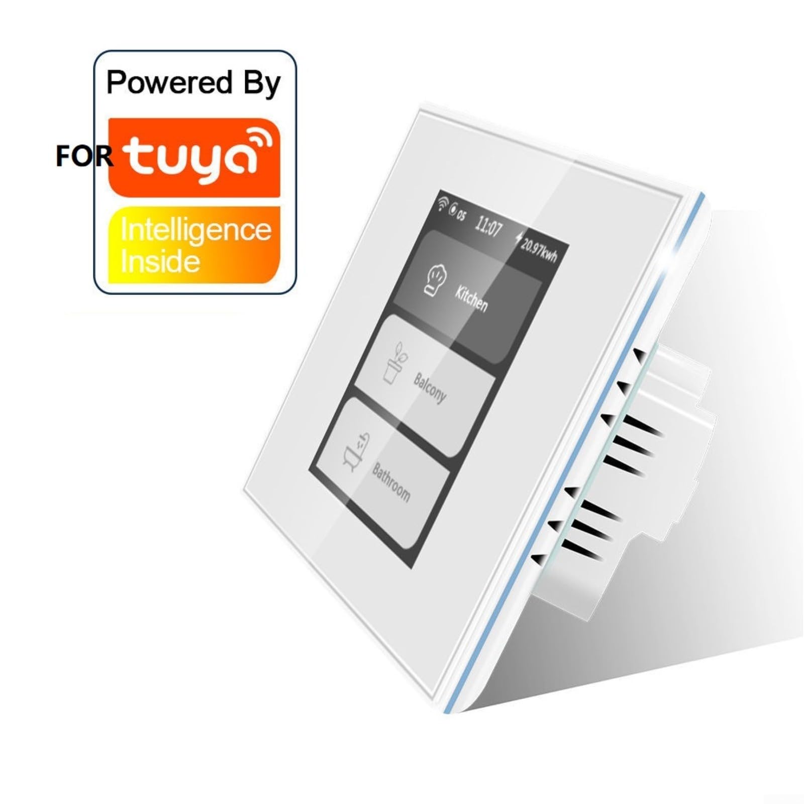 Interrupteur WiFi pour Tuya, écran LCD tactile complet, mode 1-3 interrupteurs ou rideau, moniteur en temps réel, panneau noir 86 x 86 mm (blanc)