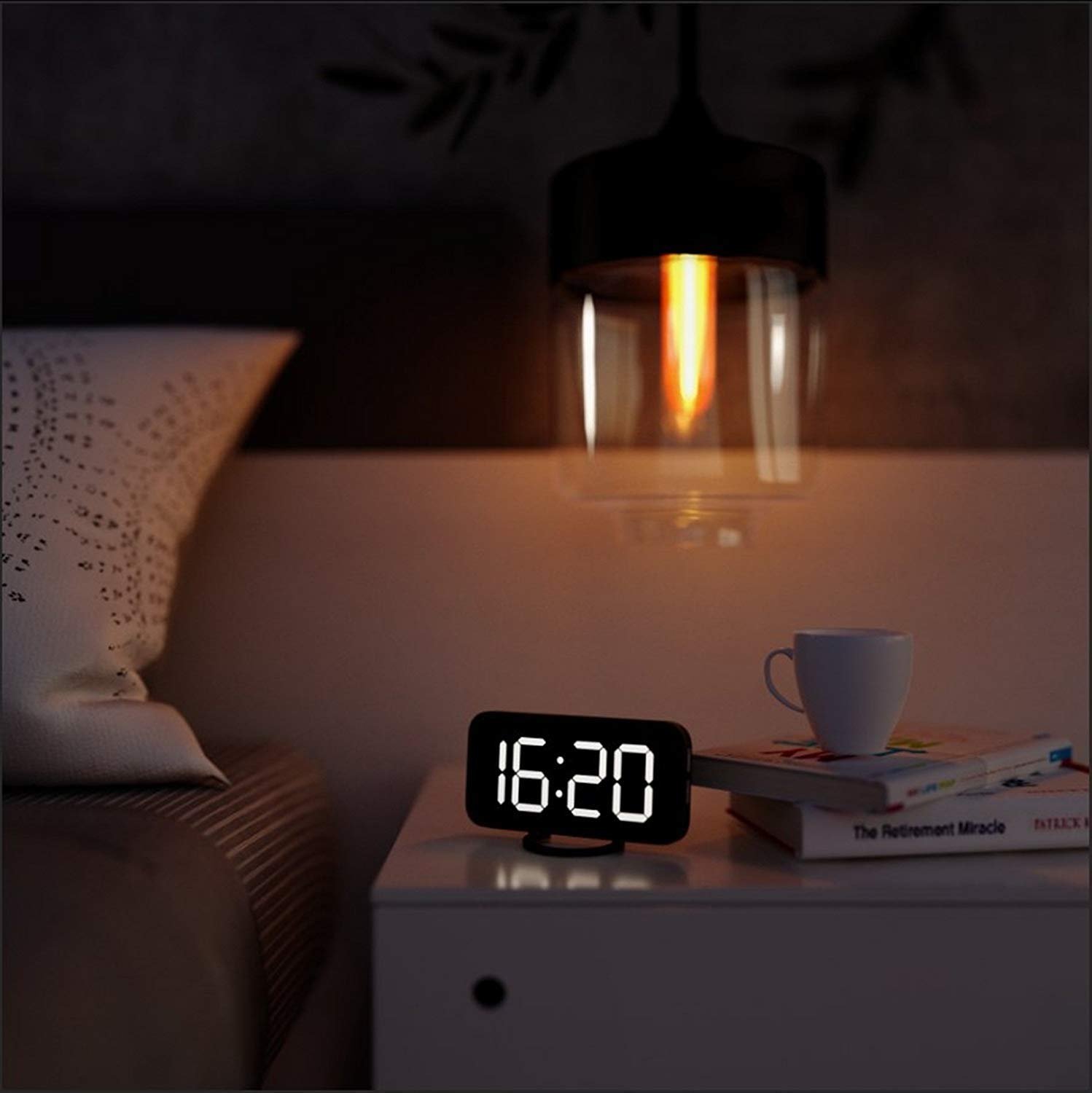 EXTSUD Sveglia Digitale con Display a Specchio Orologio Sveglia Elettronica con Luce Notturna Grande LED Schermo 12/24H Funzione Pisolino 2 Porte USB per Ricarica Smartphone