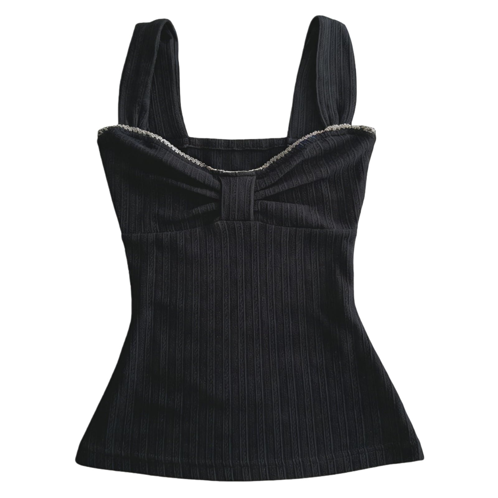 Women Fairy Grunge Tank Tops Vintage Aesthetic Lace Trim Cami Shirt Slim Fit Knit Ribbed Coquette Clothes: Black Bow Medium