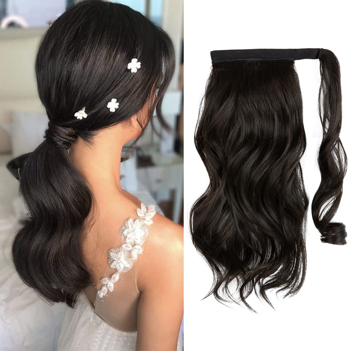 CJL HAIR 14" Short Ponytail Hair Extension Wrap Around Pony Tail Clip in Curly Wavy Synthetic Fake Hairpiece for Women Black Brown Black Brown 14 Inch (Pack of 1)