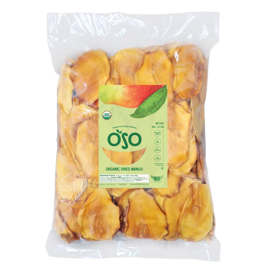 Oso Snacks Organic Dried Mango Slices. Premium Quality, Large Round Halves!| 5LB Bulk Bag| No Sugar Added | No Preservatives | 100% Fruit | No GMO |
