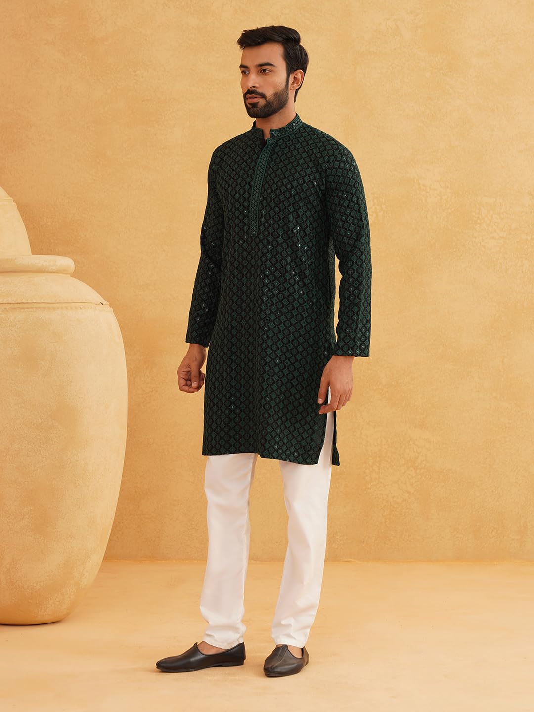 Sojanya (Since 1958 Men's Cotton Gold Embroidered Sequinned Green Kurta With White Churidar Pyjama