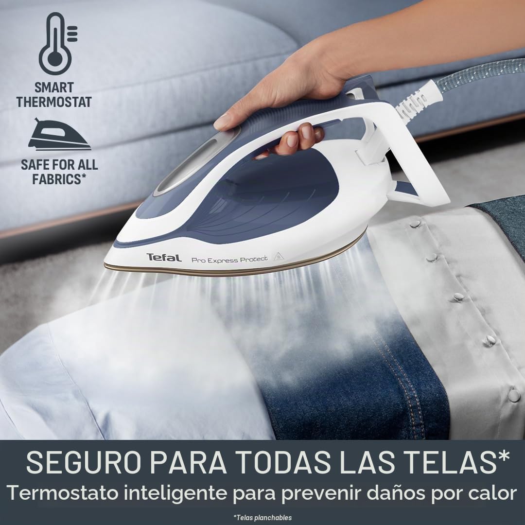 Tefal ProExpress Protect - Plancha para generador de vapor, 7.5 bar de alta presión, 560 g/min de vapor, salida de vapor de 135 g/min, tecnología sin ajuste, protección antigoteo, 1.8 L, azul y blanco