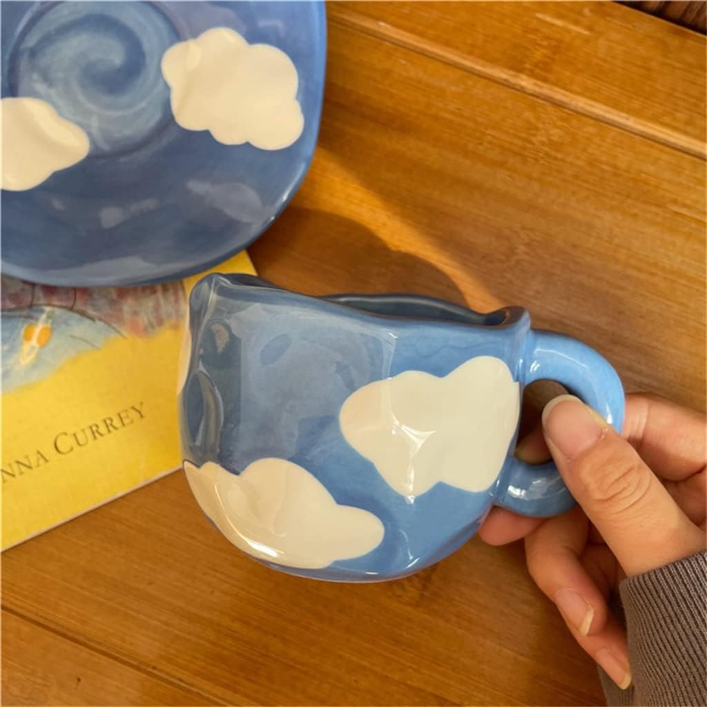 Japanese Hand Painted The Sky and White Clouds Coffee Cup With Saucer Ceramic Handmade Tea Set(E)