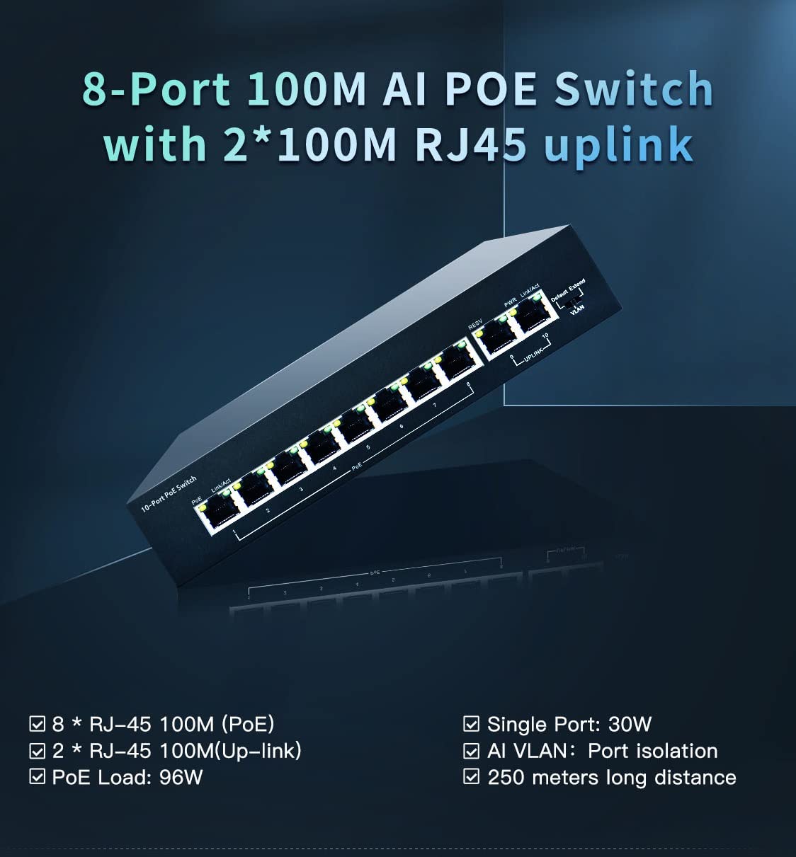 Przełącznik PoE, 8-portowy 100 Mb/s z 2 Uplinkami, 96 W dla wszystkich portów PoE, rozszerzenie AI do 250 m, Plug and Play z Hikvision, idealny do nadzoru IP i punktu dostępu, uchwyt na biurku/ścianie