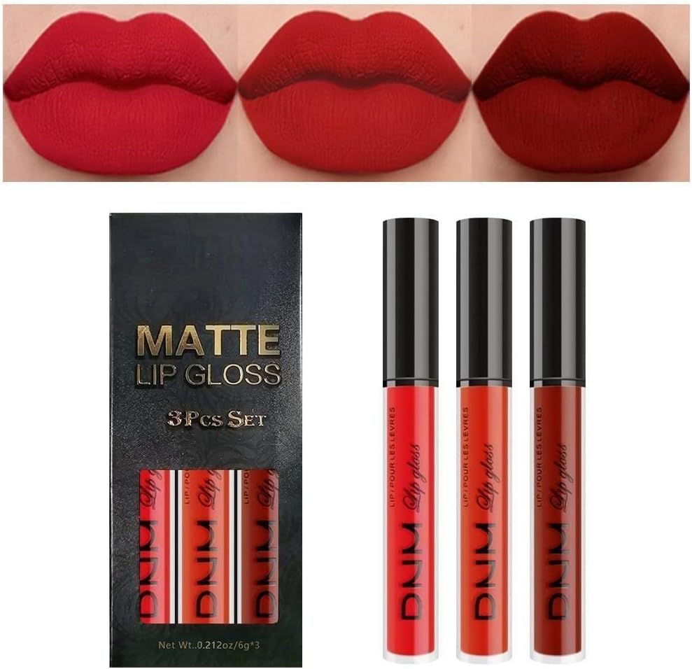 3 Pcs Dark Bright Red Matte 24-hour Liquid Lipstick Sets Smudge Proof, Matte Dark Red Lipstick Lip Stain Gloss Long Lasting Waterproof labiales matte larga duraction for Women