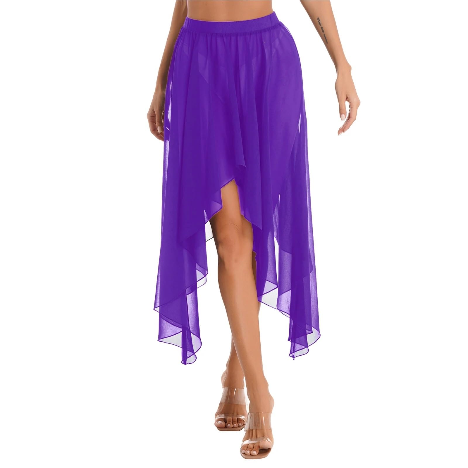TRRYUIP Belly Dance Skirt Women Chiffon Belly Ballroom Dance Dancewear Elegant Mid-Long Latin Asymmetrical Hem Skirts(Purple A)