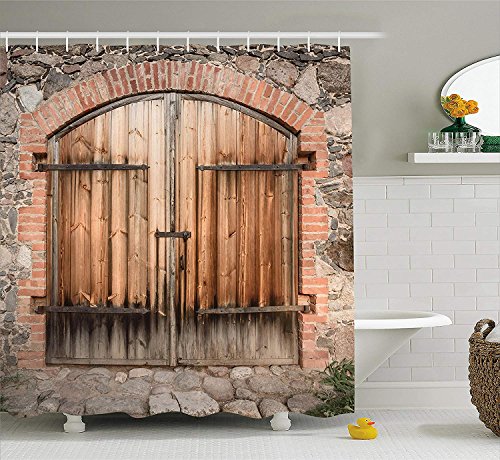 Casepillows Rustic Shower Curtain, Wooden Door of a Stone House with Wrought Iron Elements Tuscany Architecture Photo, Fabric Bathroom Decor Set with Hooks, 75 inches Long, Brown Grey