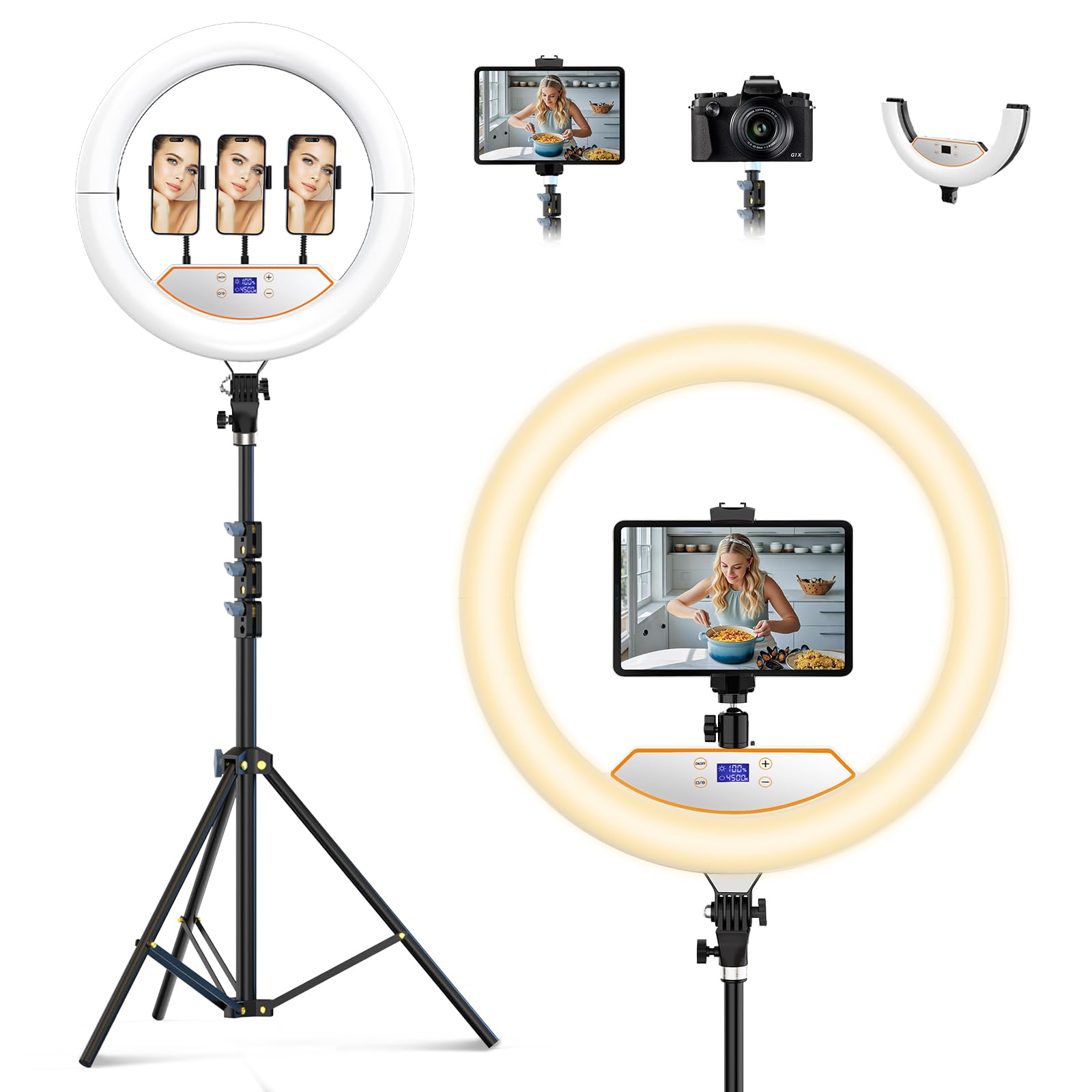 18 inch Ring Light with Stand,Foldable Large Ring Light for ipad iPhone,LCD Display/4 Clips/2 USB Ports,2700-6500K with Tripod for Tattoo Lash Barber Makeup Photography Lighting