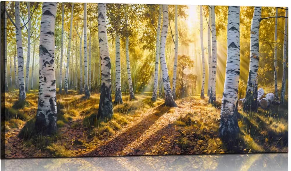 Sense&Sensitivity Arts-White Birch Forest Wall Art Canvas - Nature Landscape and Forest Wall Art Decor for Living Room and Office, Mountain Pictures, Birch Tree and Green Art - Wall Art for Office and